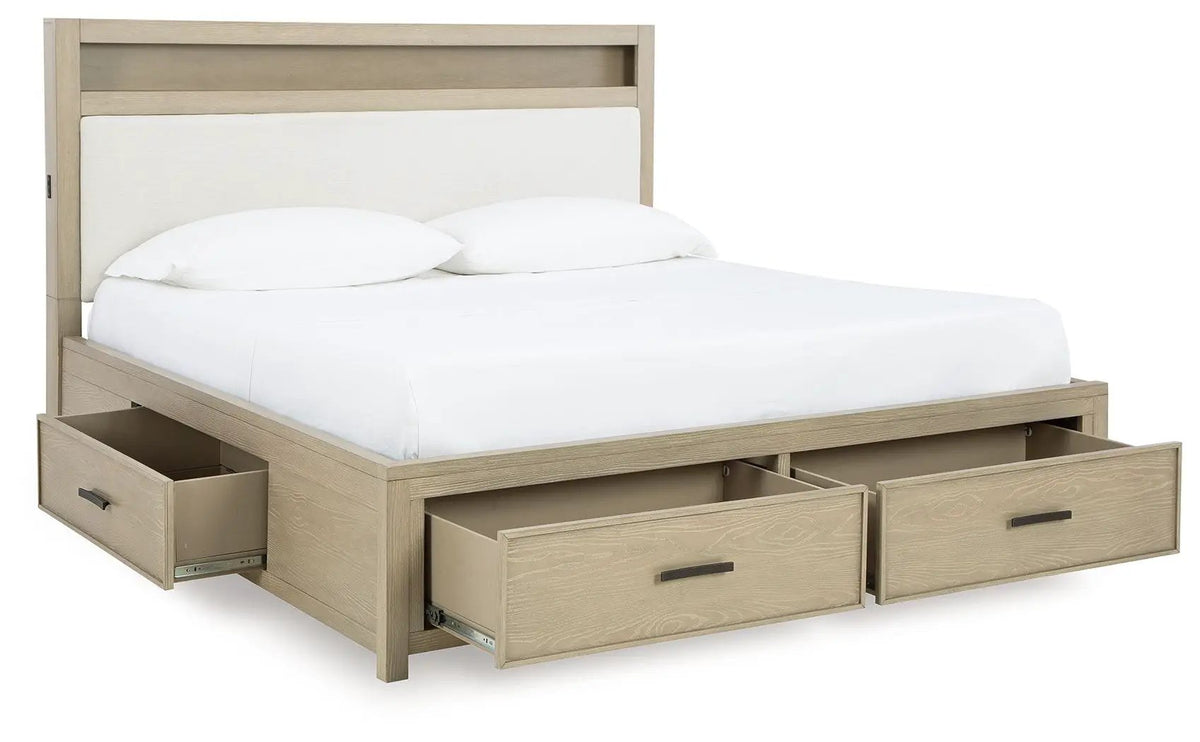 Calmoro Bookcase Storage Bed | Upholstered Panel Headboard | Gray Wash Finish | Warm Undertones