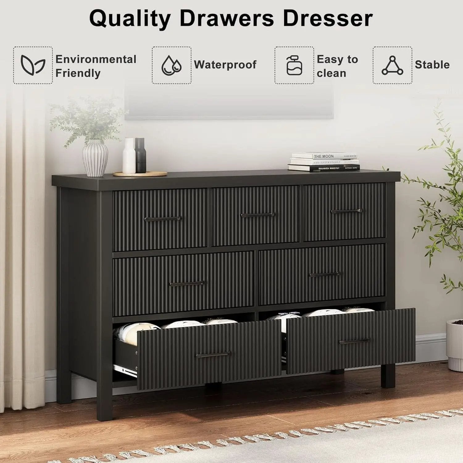 Fluted Contemporary White Dresser With Black Handles from PriceLows™