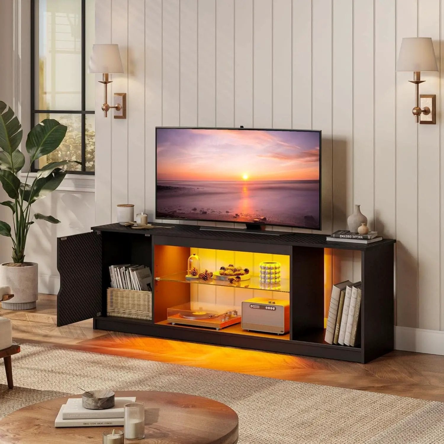 LED TV Stand 55 60 65 Inch With Adjustable Glass Shelves from PriceLows™