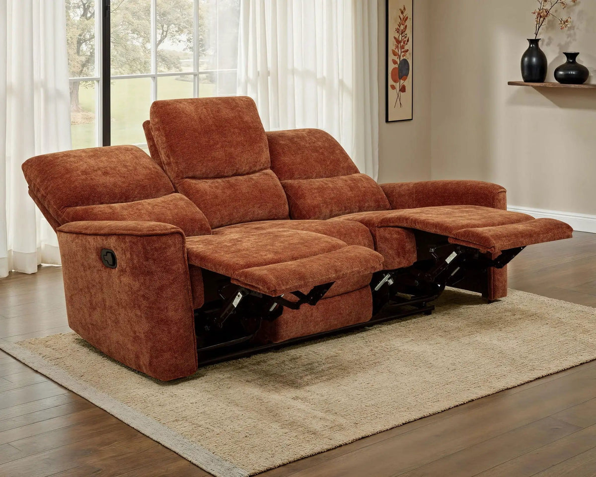 Navarro Chenille Upholstered Reclining Sofa | 79.5 x 37.5 x 40.25 in | Chenille & Metal | Burnt Orange