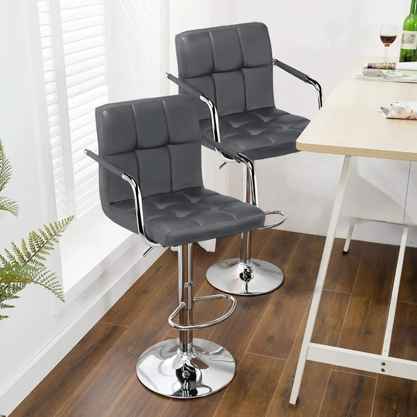 Grey Adjustable PU Leather Swivel Bar Stools Set Of 2 from PriceLows™