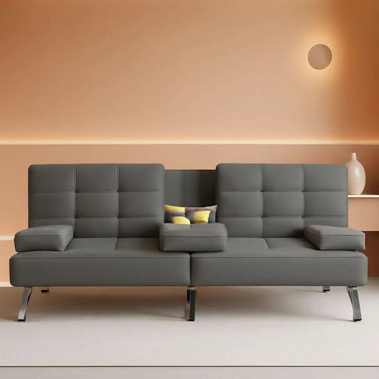 Grey Futon Sofa Bed With Adjustable Back And Cup Holders from PriceLows™