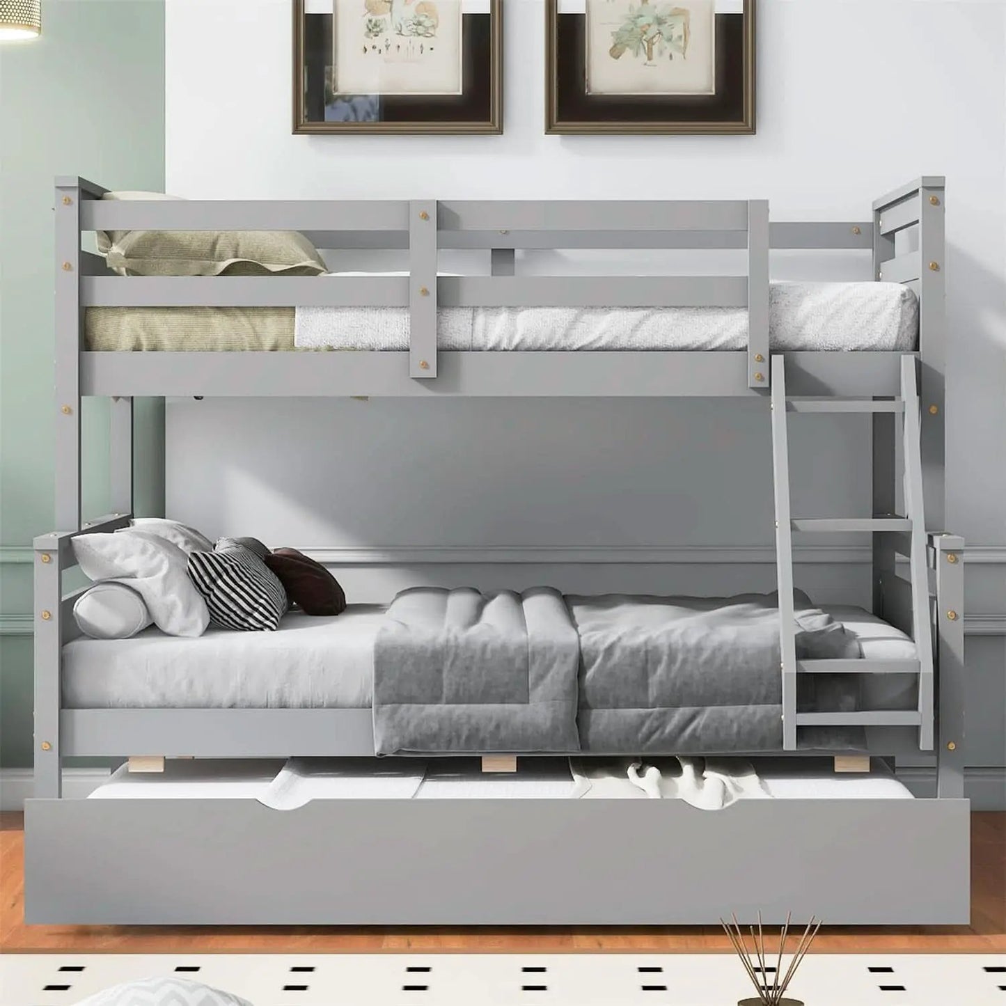 Grey Trundle Bunk Bed Twin Over Full With Guardrail from PriceLows™