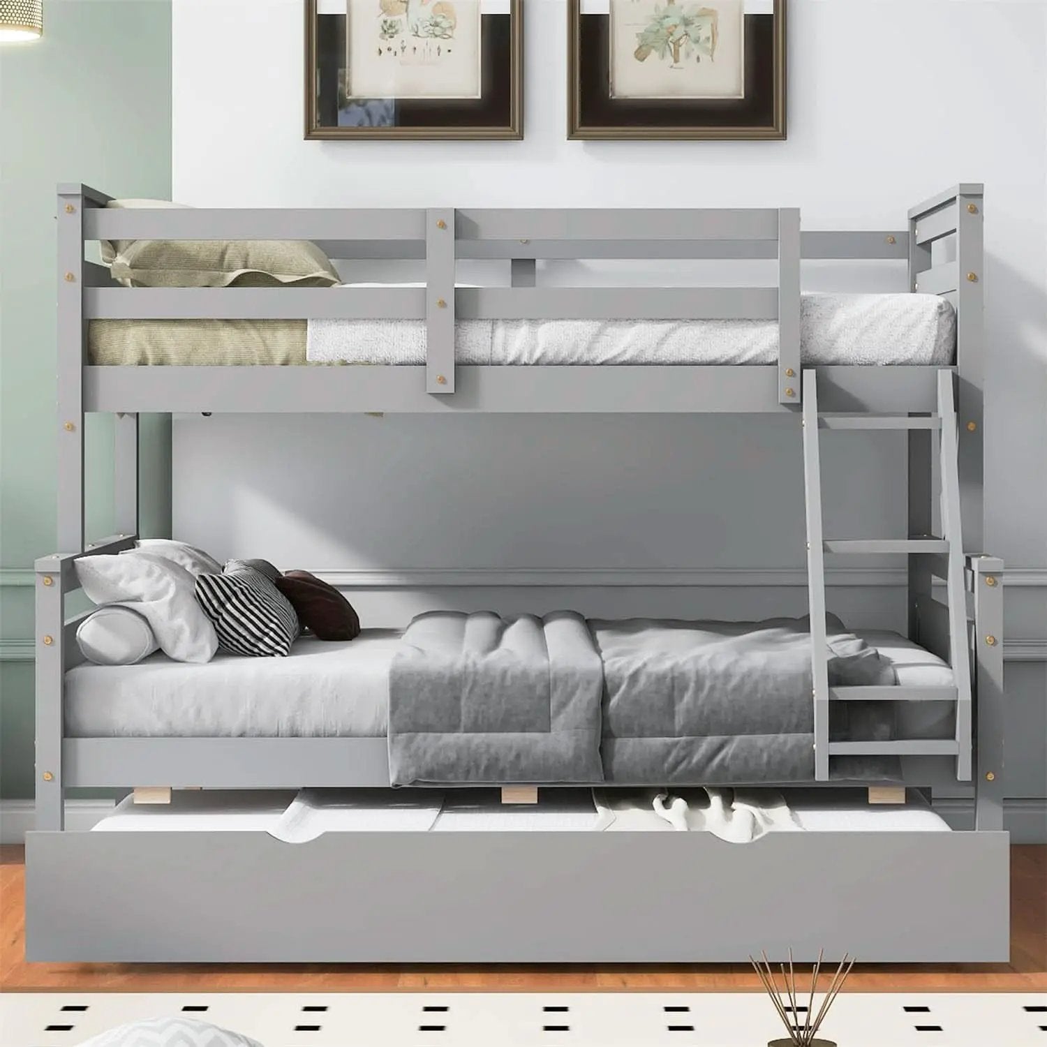 Grey Trundle Bunk Bed Twin Over Full With Guardrail from PriceLows™