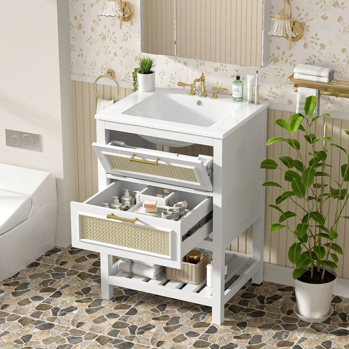 Modern Bathroom Vanity With Integrated Sink, Cabinet With 1 Deep Drawer And 1 | 2 Pieces | Solid Wood & Rattan | Bathroom