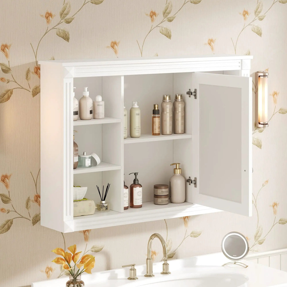 Wall Mount Bathroom Cabinet | With Mirror | 6 Open Shelves | White