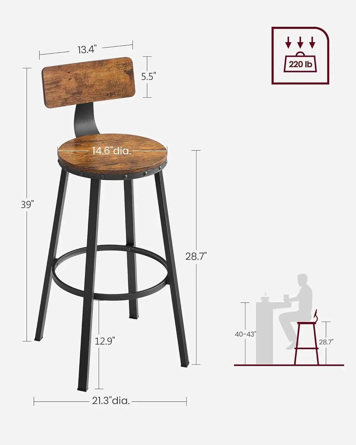 Bar Stools Set Of 2 Counter Height 28.7 Inch With Back Rustic Brown And Black from PriceLows™