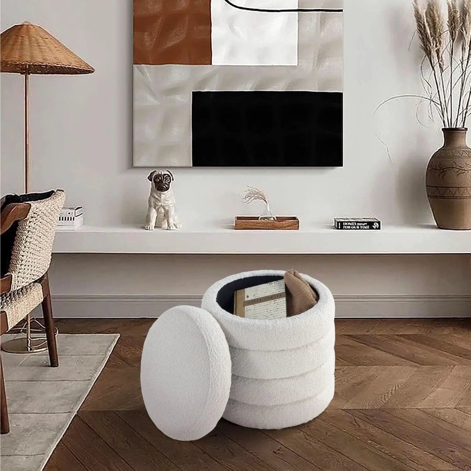 Round Ottoman With Hidden Storage And Cushioned Top from PriceLows™