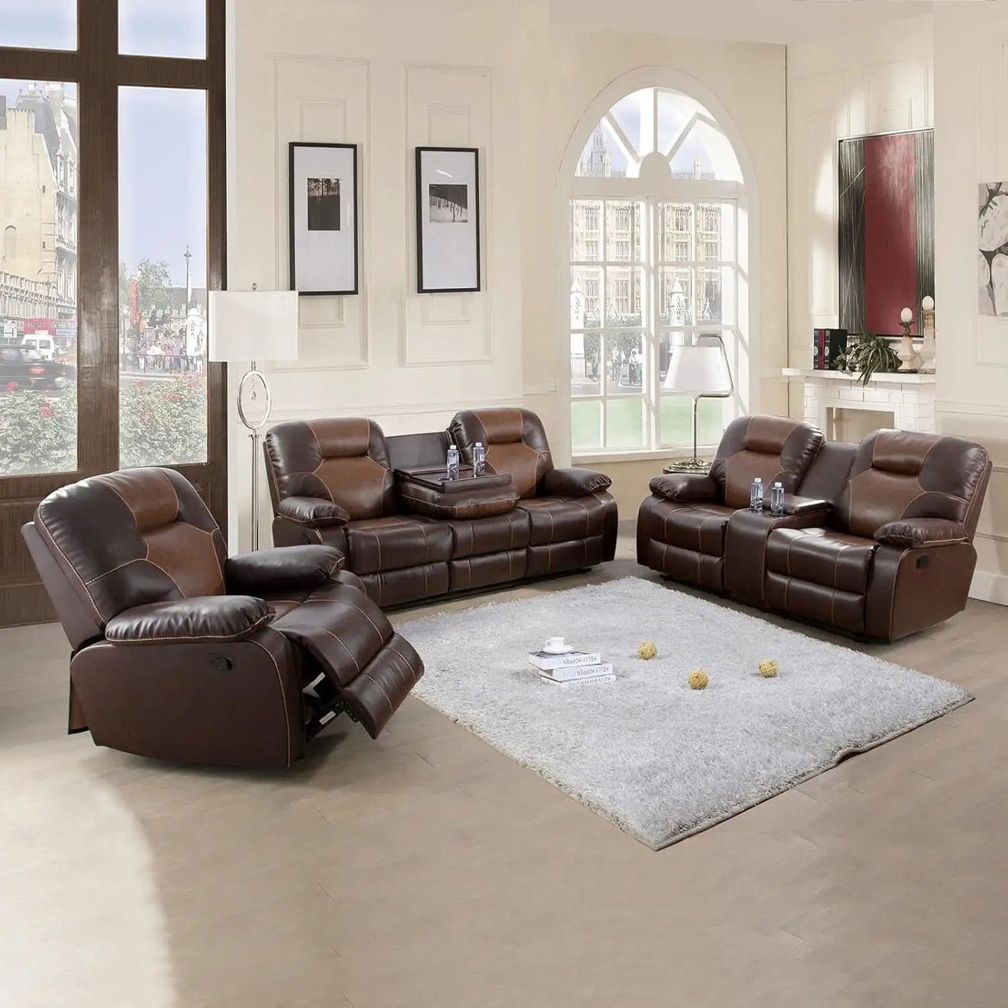 Manual Recliner Sofa Set Bonded Leather With Storage Console Brown 3 Piece from PriceLows™