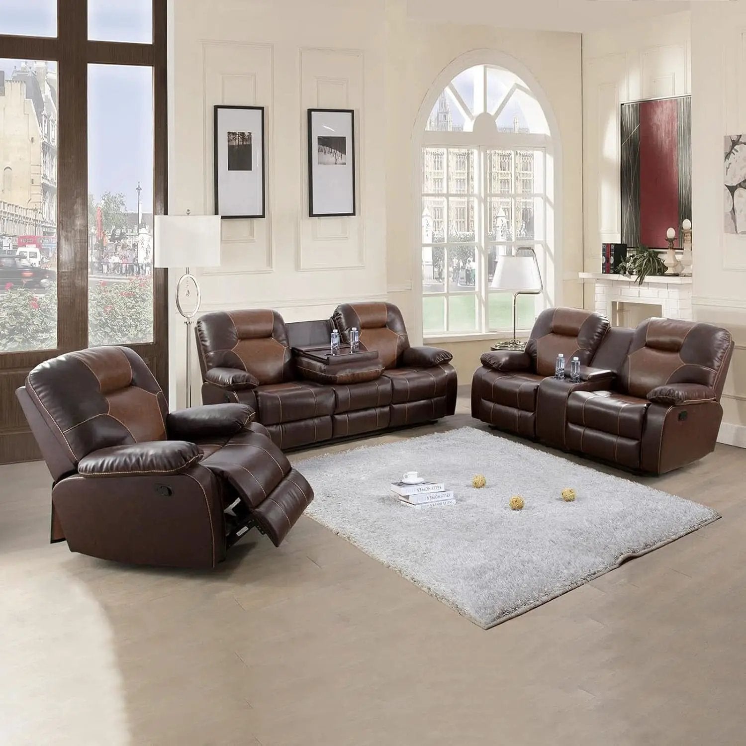 Manual Recliner Sofa Set Bonded Leather With Storage Console Brown 3 Piece from PriceLows™