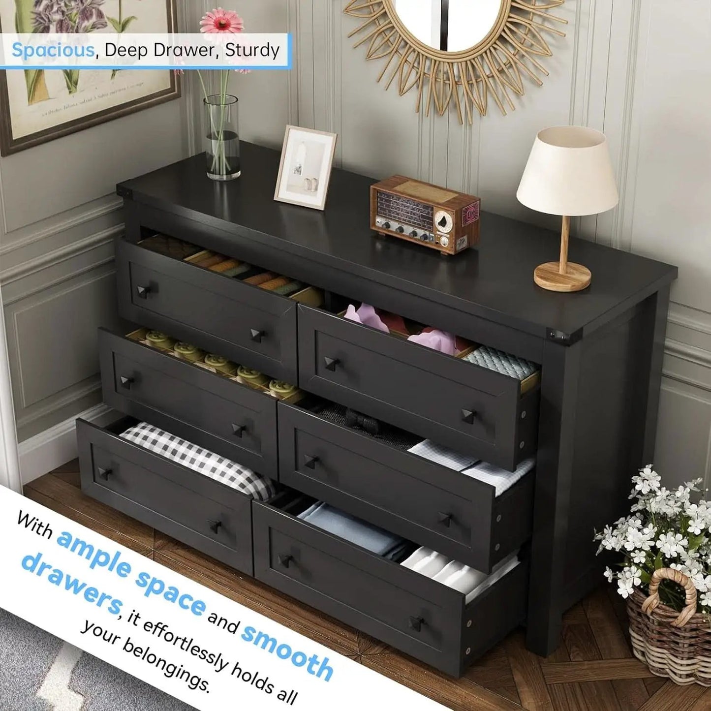Black Dresser With 6 Drawers For Bedroom Modern Storage from PriceLows™