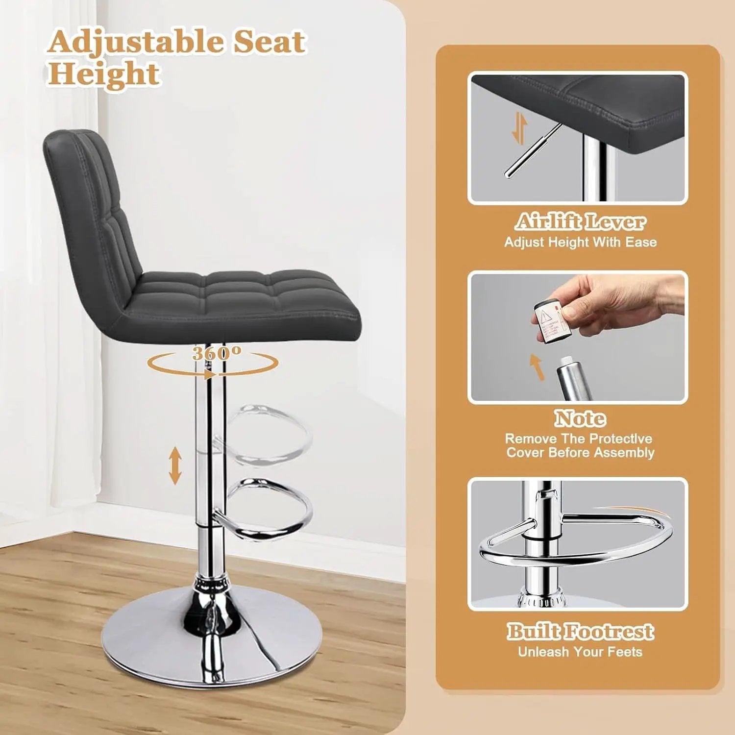 Black 6 Squares Back Adjustable Bar Stool Set Of 2 from PriceLows™
