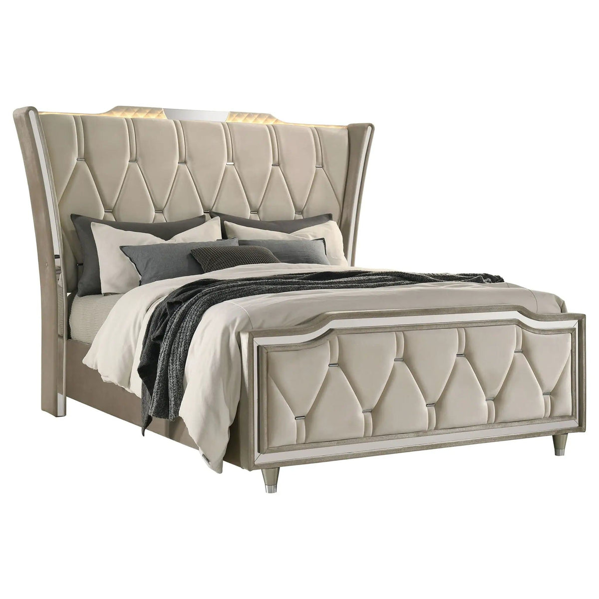 Lorient Queen LED Upholstered Wingback Bed Ivory and Camel | 80.25 x 92.5 x 63.25 in | Rubberwood & Engineered Wood | Bedroom