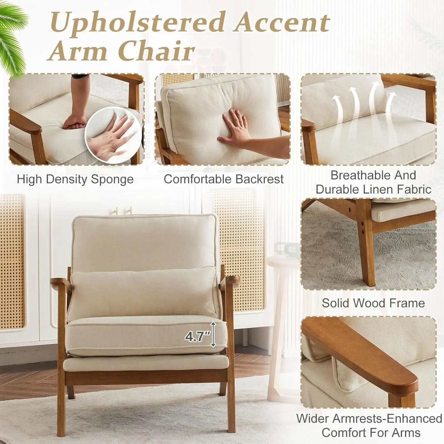 Beige Linen Upholstered Accent Chair Wide Armrests from PriceLows™