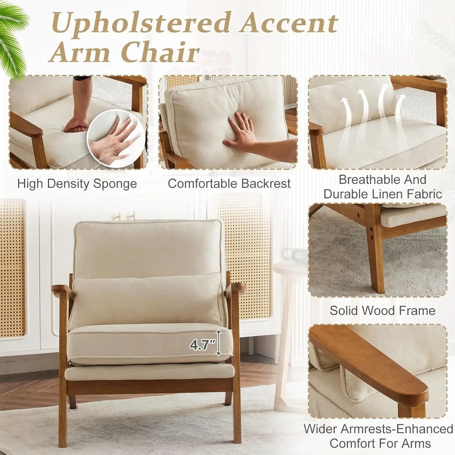 Beige Linen Upholstered Accent Chair Wide Armrests from PriceLows™