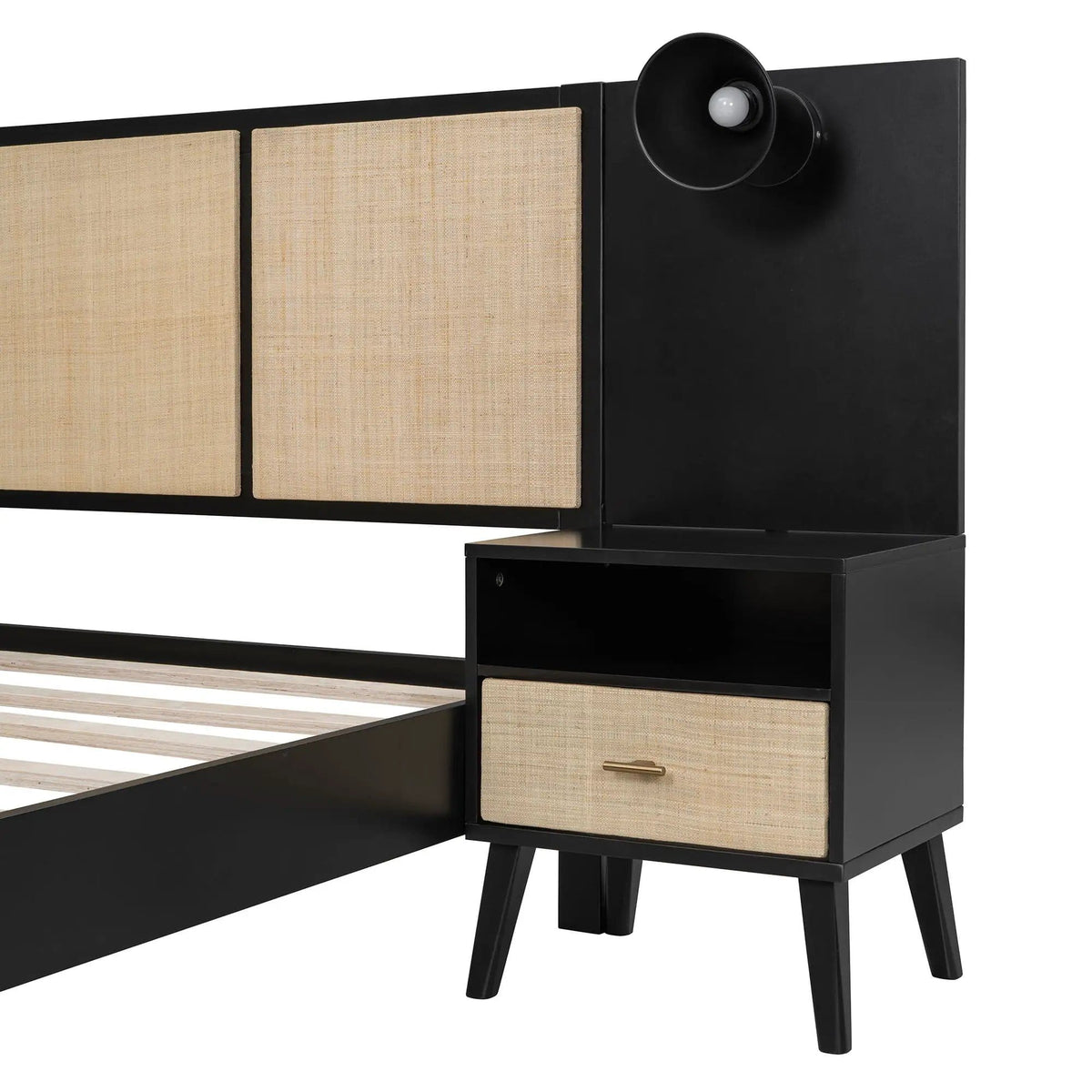 Bed Frame With 2 Nightstands Elegant Design With Lamps 3 Piece Bedroom Set | 84 x 98 x 41.3 in | Solid Wood & Rattan | Bedroom