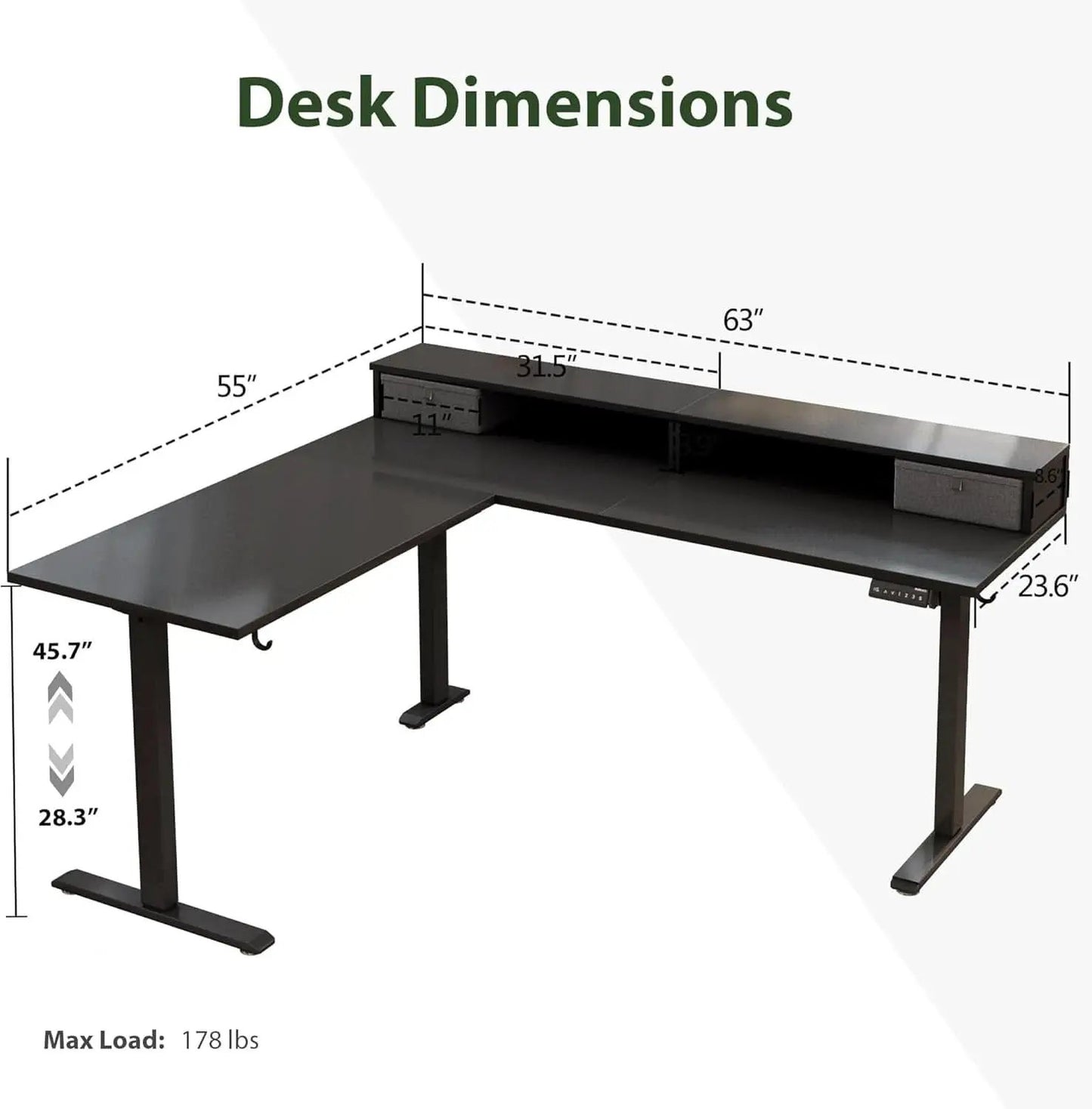 L Shaped Electric Standing Desk 63 Inch 2 Drawers Black from PriceLows™