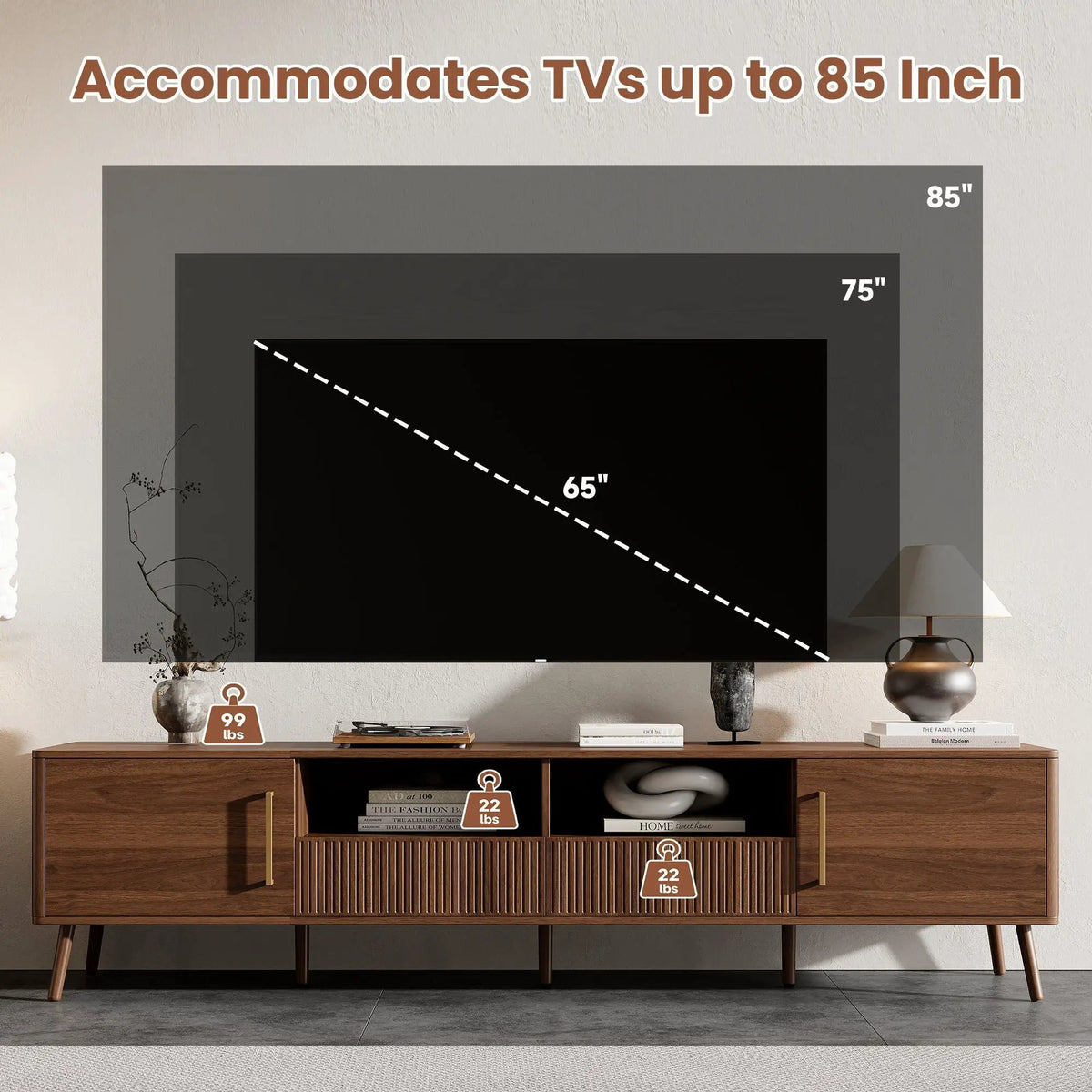 TV Stand | Soft Close Doors | 85 Inch Capacity | Walnut