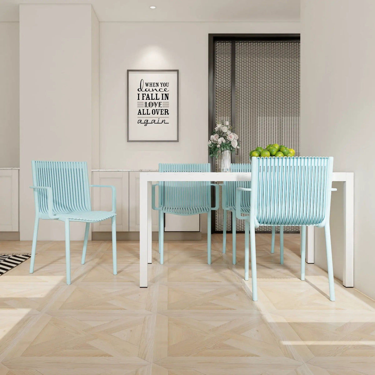 4 Modern Stackable Armchair Matched With Long Table 5 Piece Outdoor Set | 5 Piece Outdoor Set | Metal | Outdoor Living