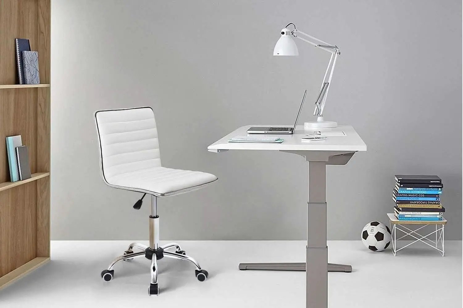 Mid Back Vanity Chair White PU Leather Swivel Office Chair from PriceLows™
