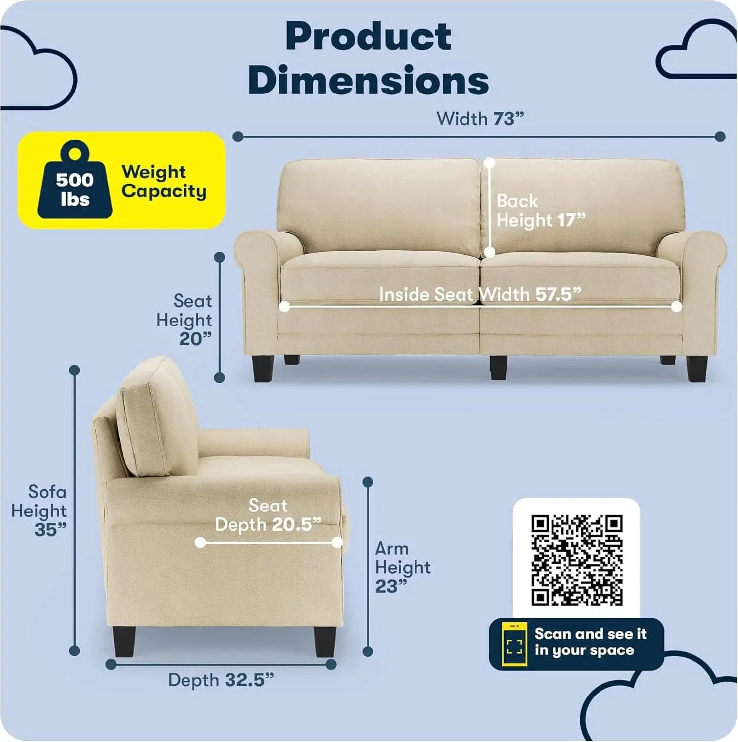 Copenhgen 73 Inch Rolled Arm Sofa Buttercream With Removable Covers from PriceLows™