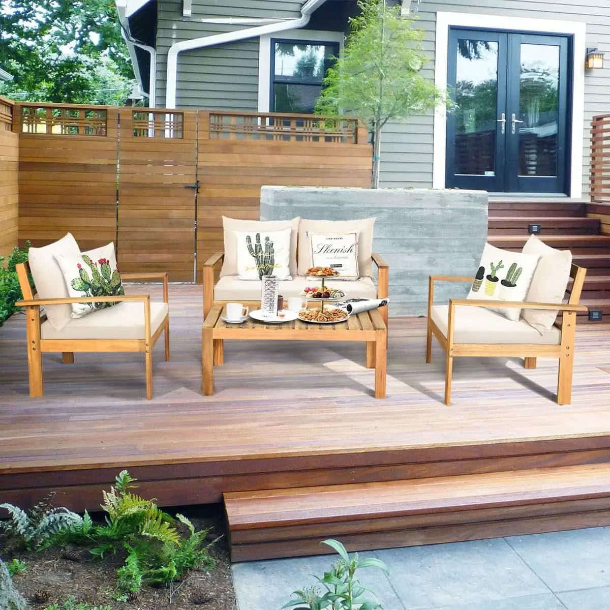 Outdoor Acacia Wood 4-Piece Chat Set Teak Finish Cushions from PriceLows™