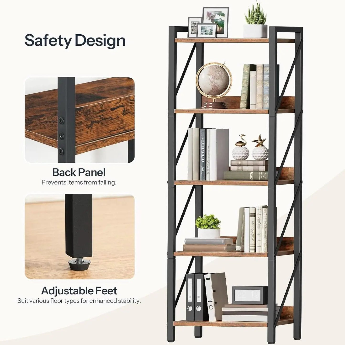 Industrial 5-Tier Bookshelf With Metal Frame 52-Inch Brown from PriceLows™