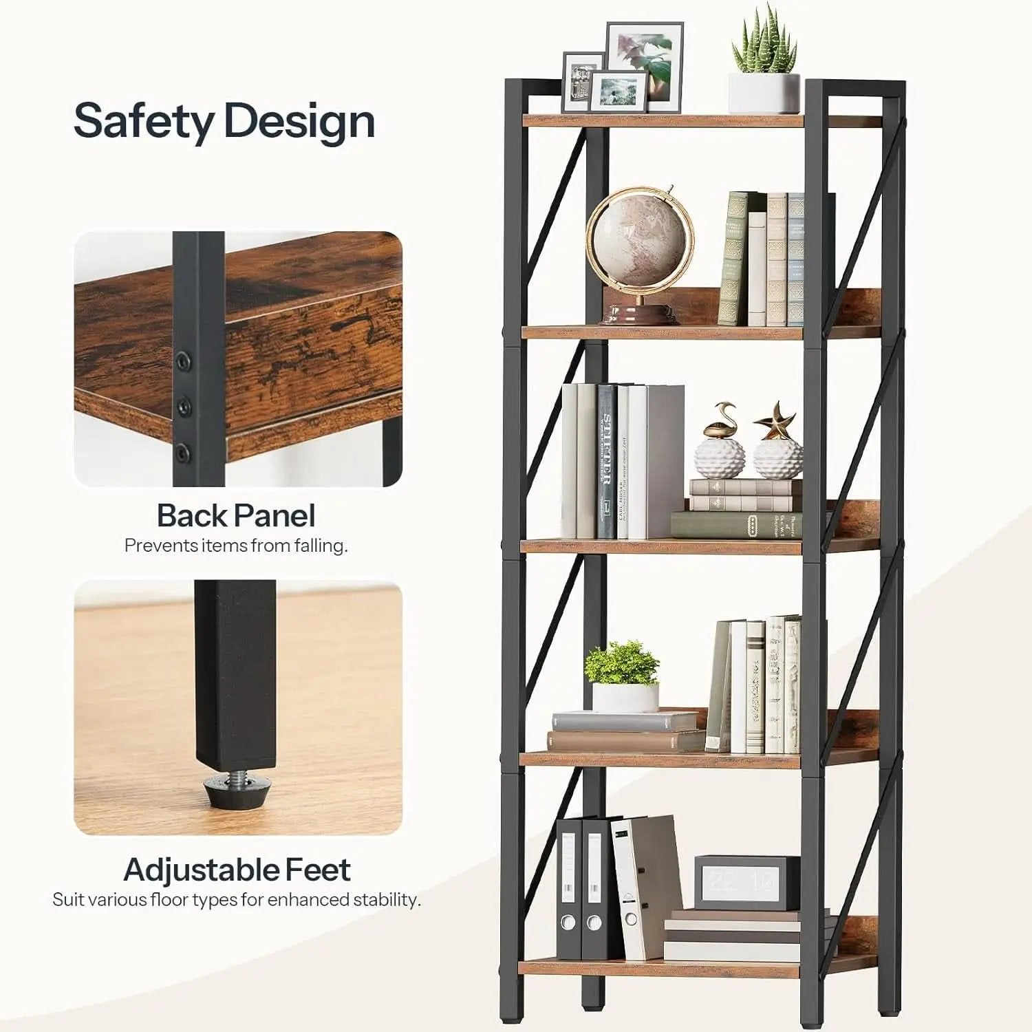Industrial 5-Tier Bookshelf With Metal Frame 52-Inch Brown from PriceLows™