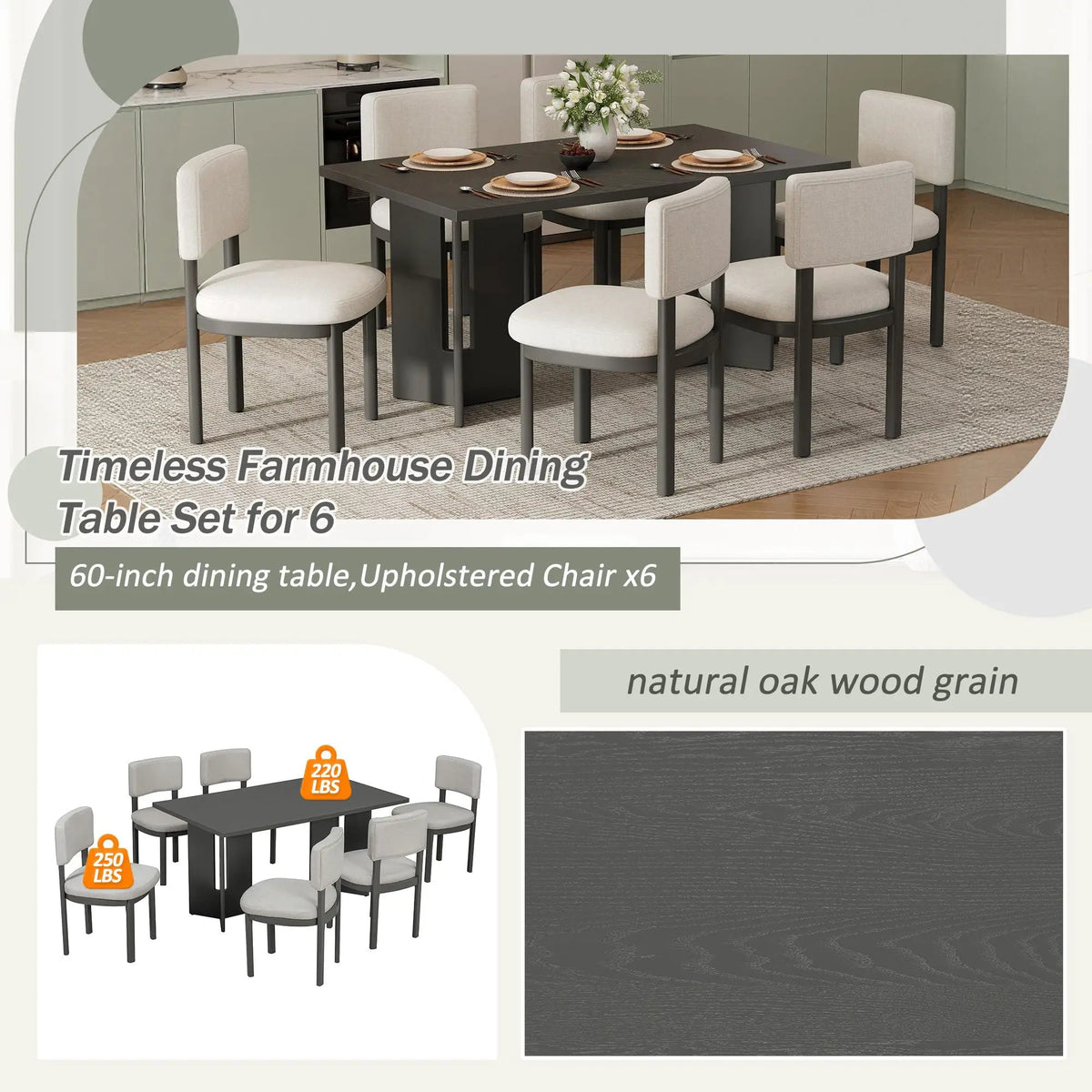 Dining Table Set | 60 Inch Rectangular | Six Upholstered Chairs