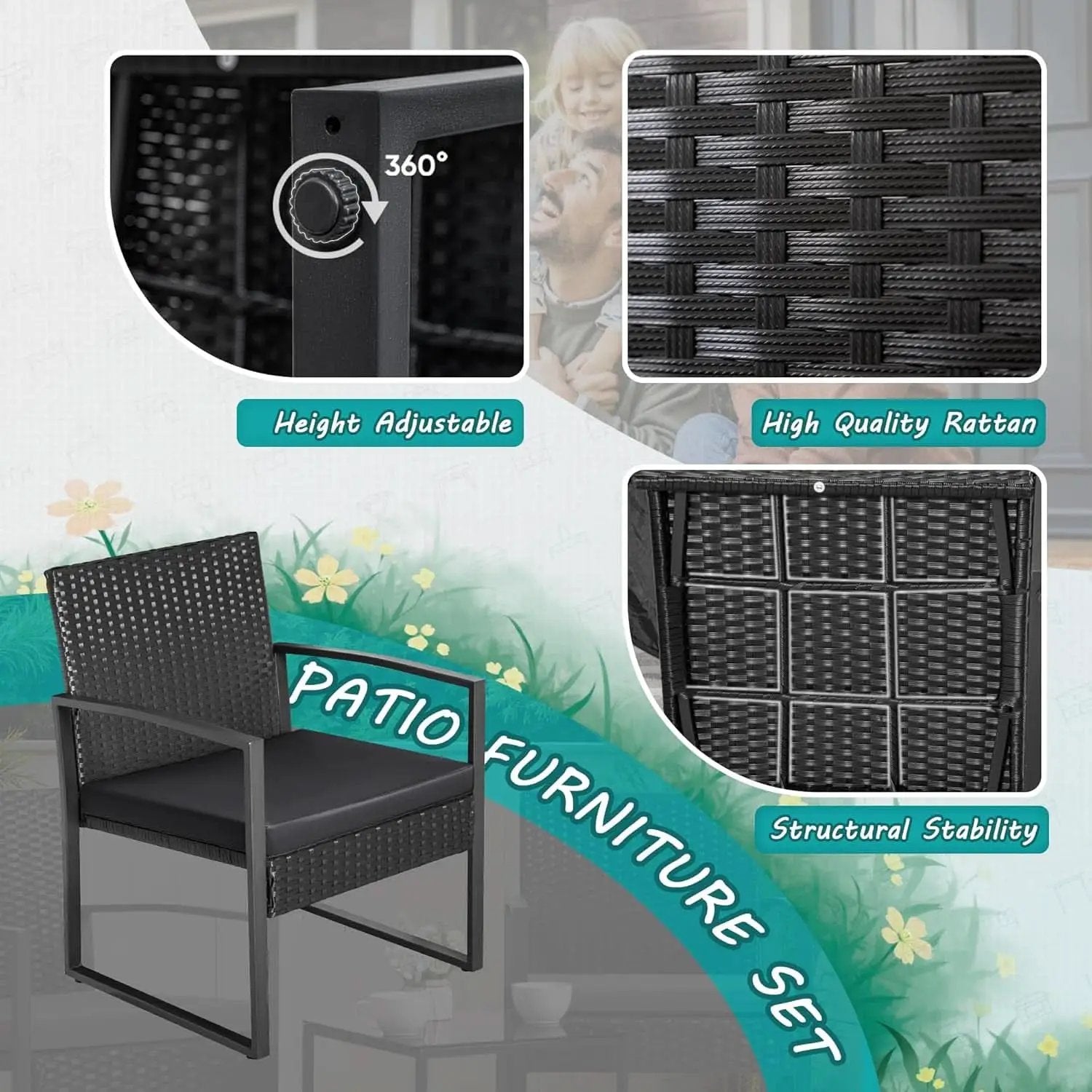 3 Piece Wicker Conversation Bistro Set Outdoor Patio Furniture Black Rattan Chairs Coffee Table For Garden Lawn Porch from PriceLows™