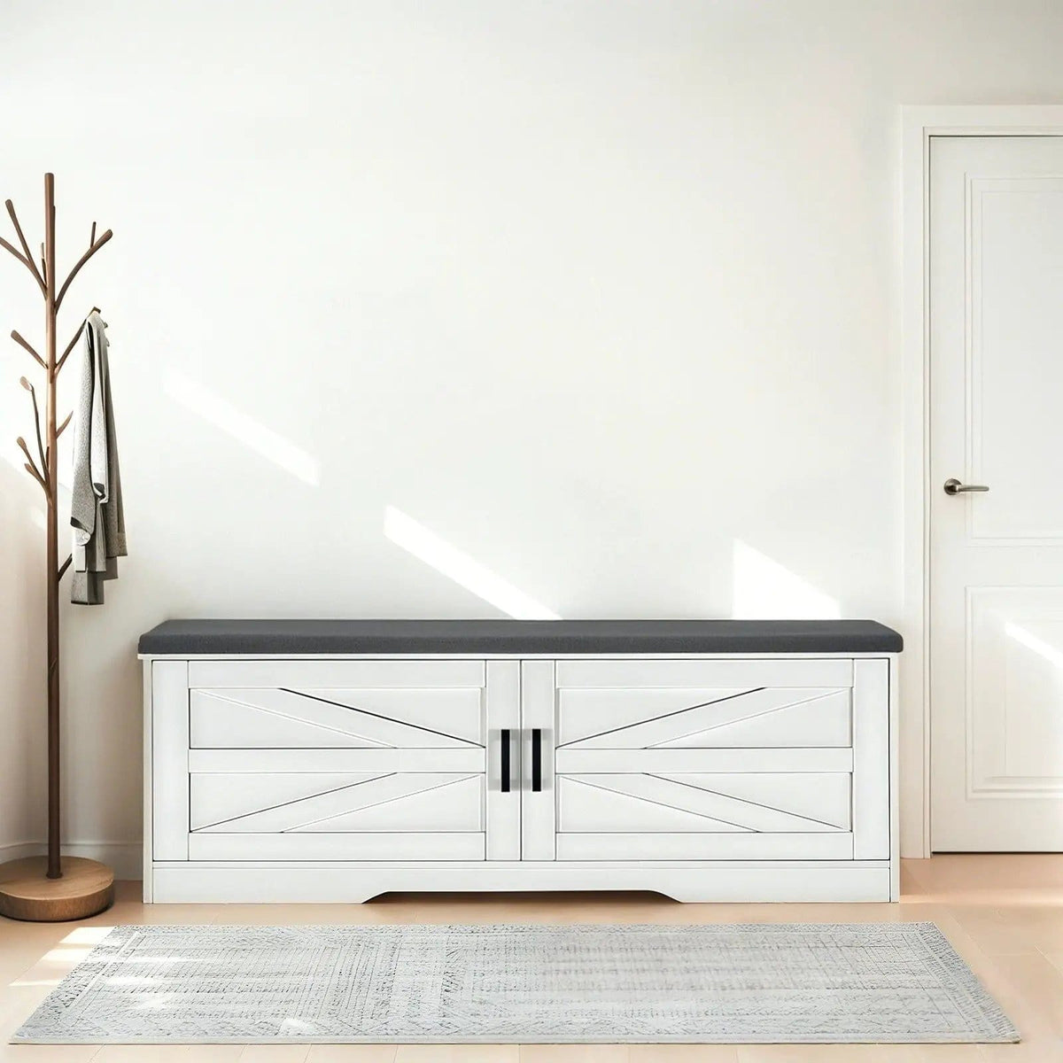 2 Tier Shoe Bench With Padded Seat, 2 Barn Doors And Adjustable Shelves, For | 39.4 x 13.75 x 17.72 in | 2-Tier | White