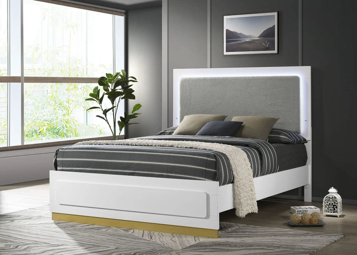 Caraway Wood Queen LED Panel Bed | 63.5 x 84.25 x 55.25 in | Rubberwood & Engineered Wood | White