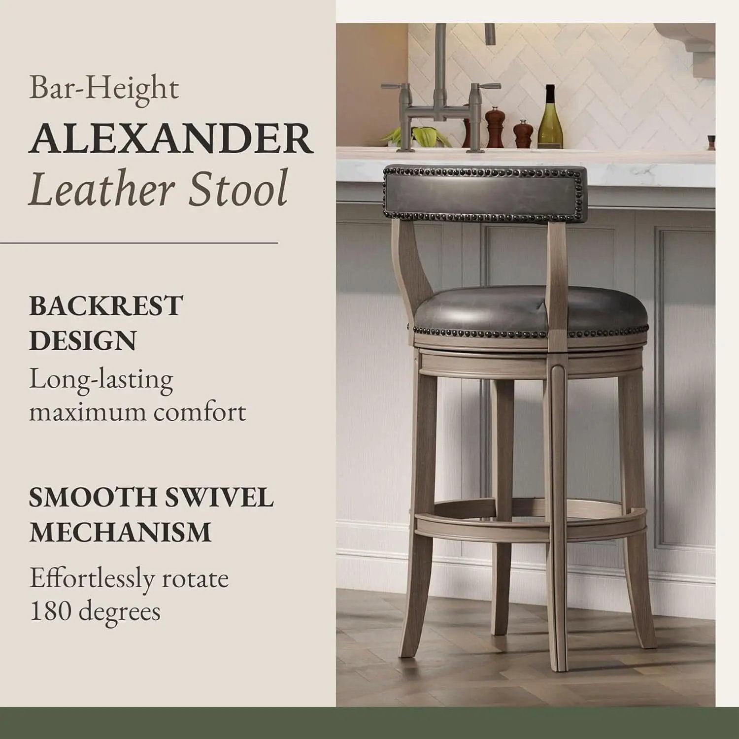 Alexander 31 Inch Rotating Bar Stool Reclaimed Oak Finish Vegan Leather Seat from PriceLows™