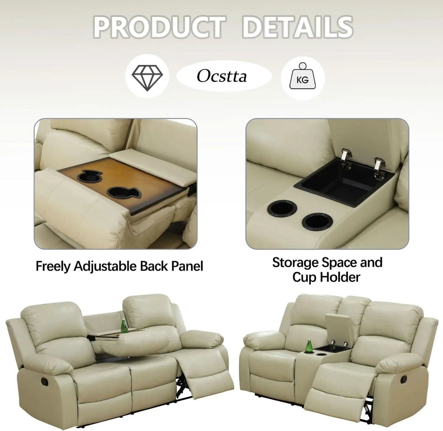 Beige Manual Leather 3 Piece Recliner Sofa Set For Living Room from PriceLows™