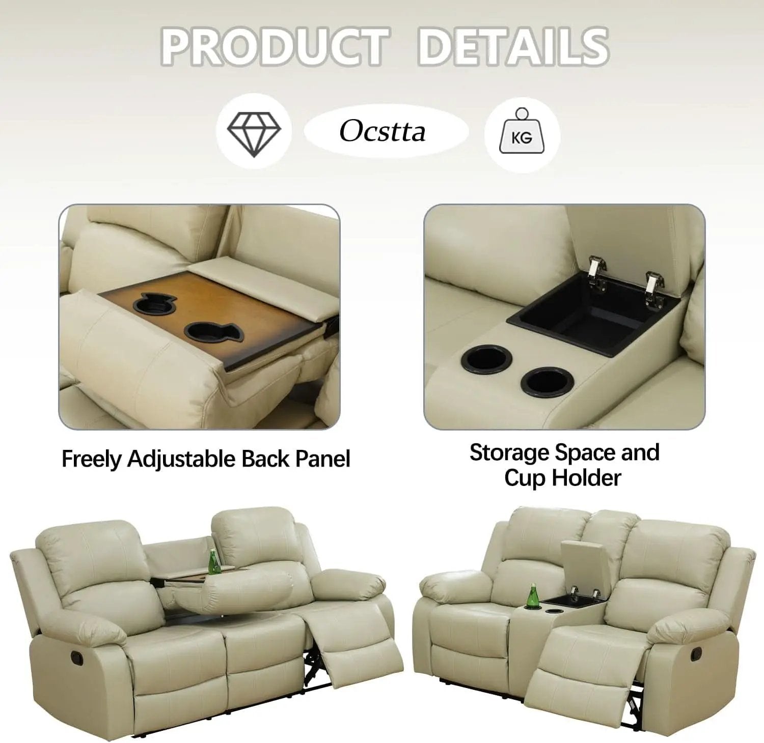 Beige Manual Leather 3 Piece Recliner Sofa Set For Living Room from PriceLows™