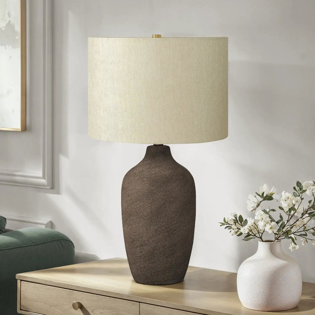 Lighting, Table Lamp, Ceramic, Resin, Contemporary - | 15 x 15 x 26.75 in | Linen & Metal | Gray