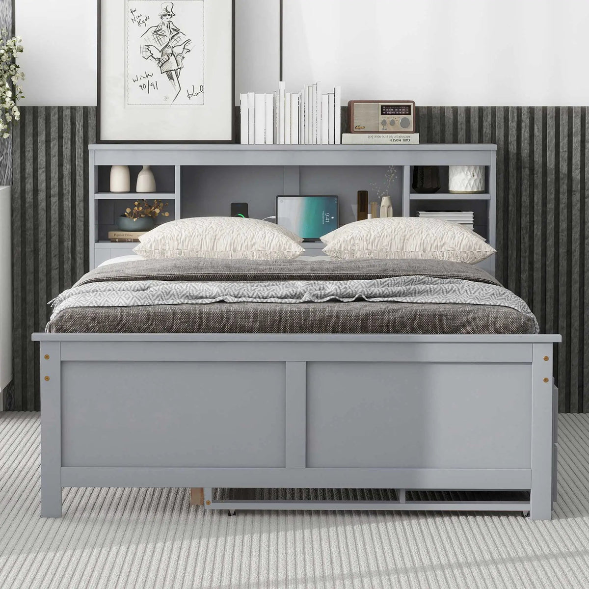 Platform Bed | Storage Headboard | USB Ports | Twin Trundle