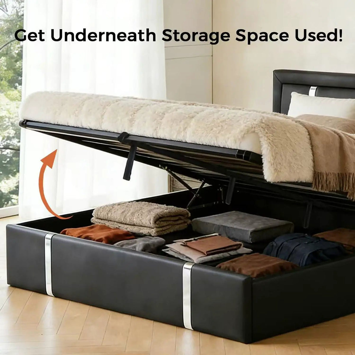 Upholstered Platform Bed Frame | Adjustable LED Headboard | Hydraulic Lift