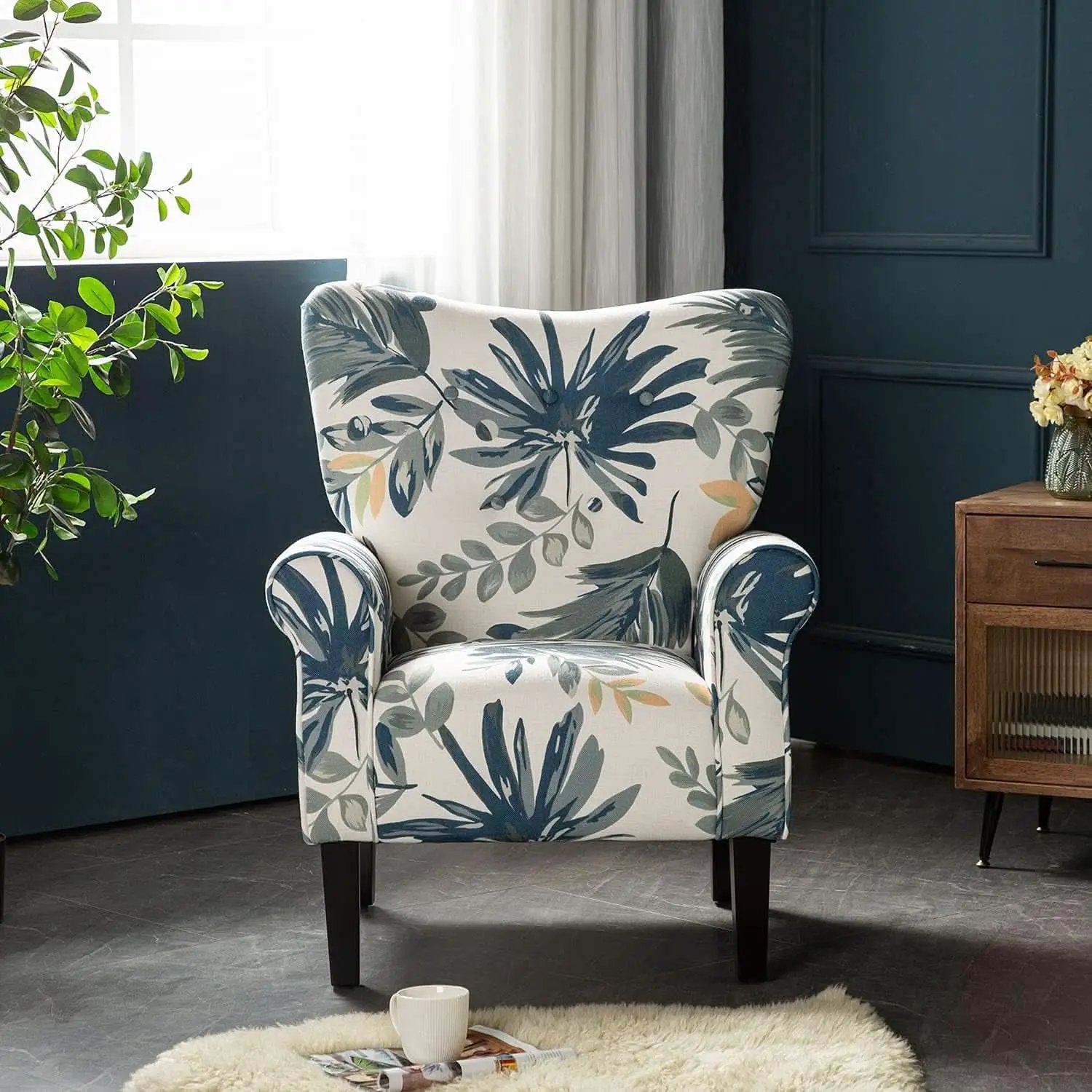 Blue Tufted Armchair With Linen Upholstery And Wood Legs from PriceLows™