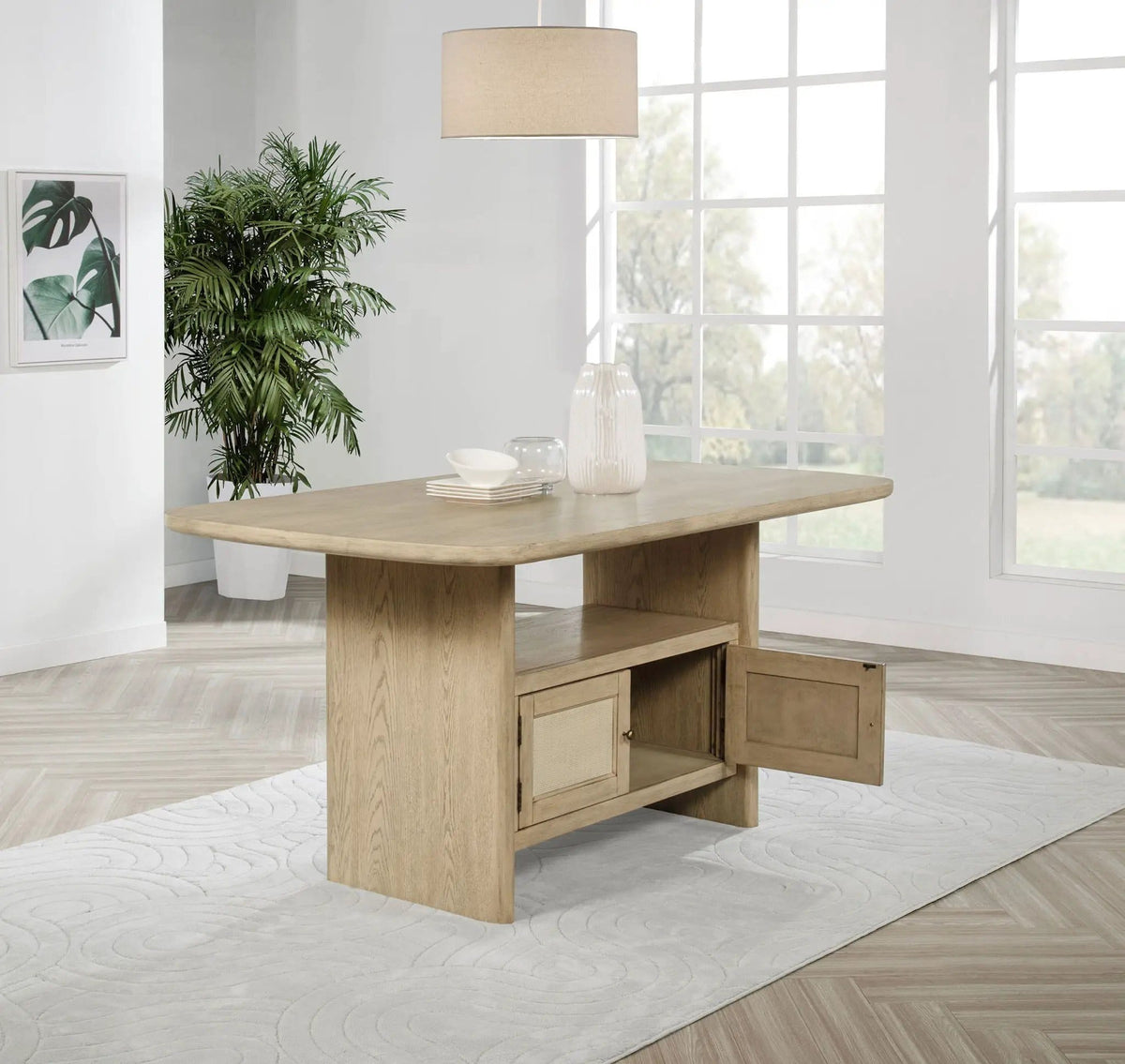 Kailani Cane Counter Height Storage Dining Table Beige | 72 x 42 x 36.5 in | Dining Room Furniture | Oak