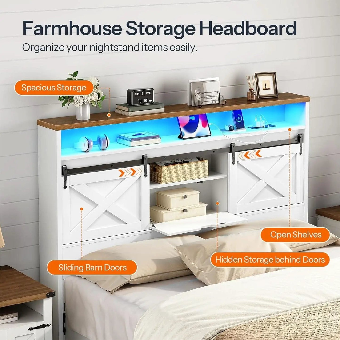 Farmhouse Queen Headboard with Storage and Charging Station from PriceLows™