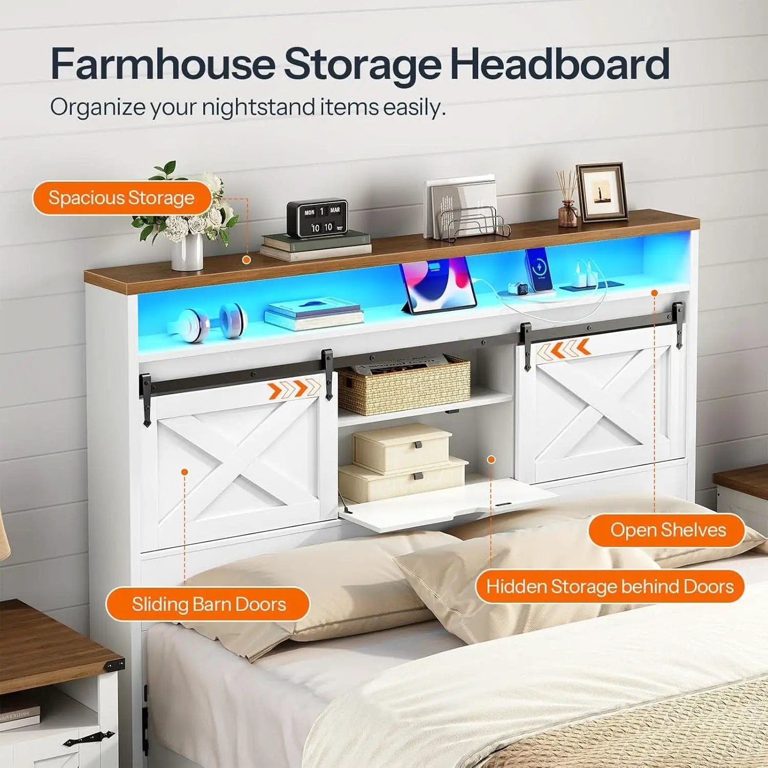 Farmhouse Queen Headboard with Storage and Charging Station from PriceLows™