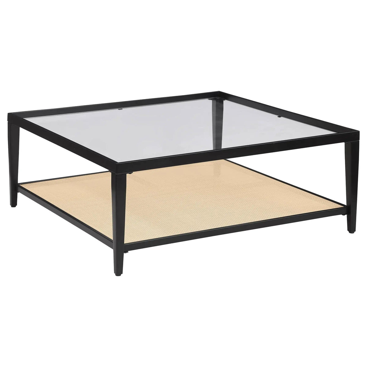 Amherst Glass Top Metal with Cane Shelf Coffee Table | 40 x 40 x 16 in | Rattan & Glass | Black