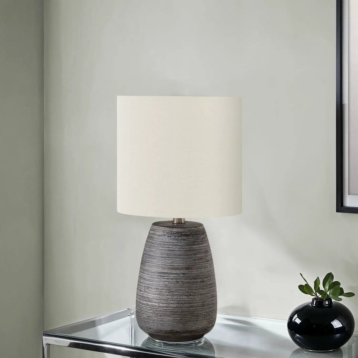 Gray Ceramic Table Lamp | Ivory Linen Drum Shade | 18.75 Inch Height | Inline Rocker Switch