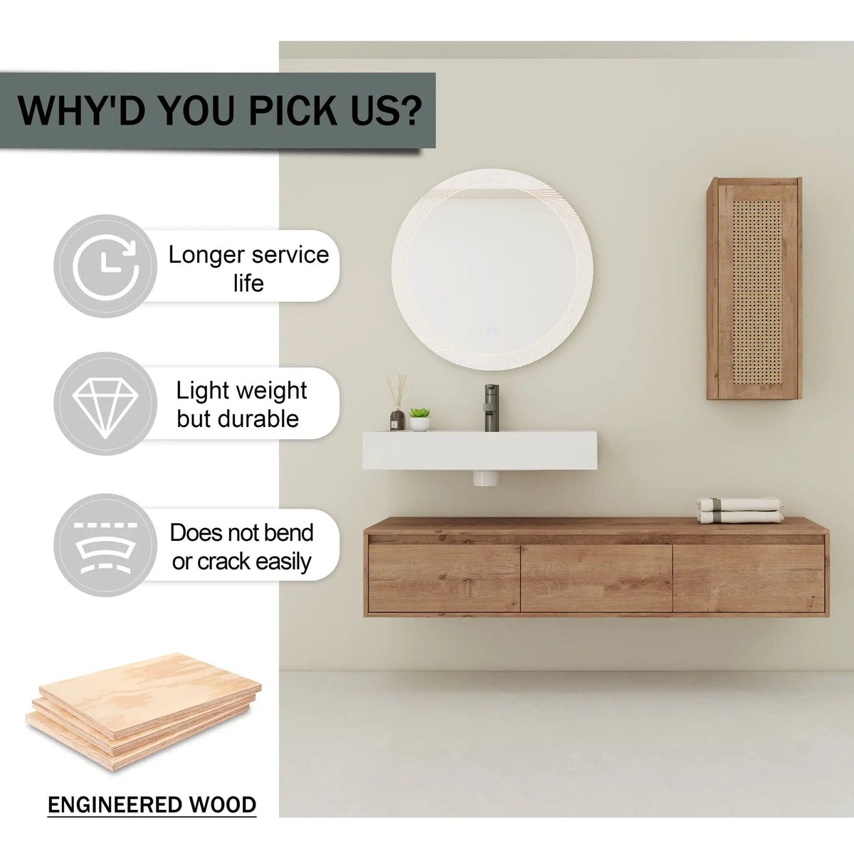 Modern Imitative Wall Mounted Bathroom Vanity With Resin Sink And Side Cabinet | 2 Pieces | Plywood & Resin | Bathroom