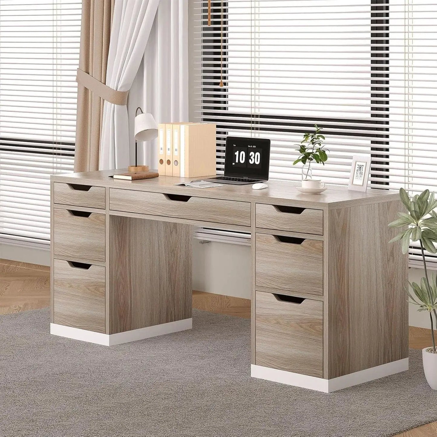 54 Inch Computer Desk With Storage Drawers White Walnut from PriceLows™