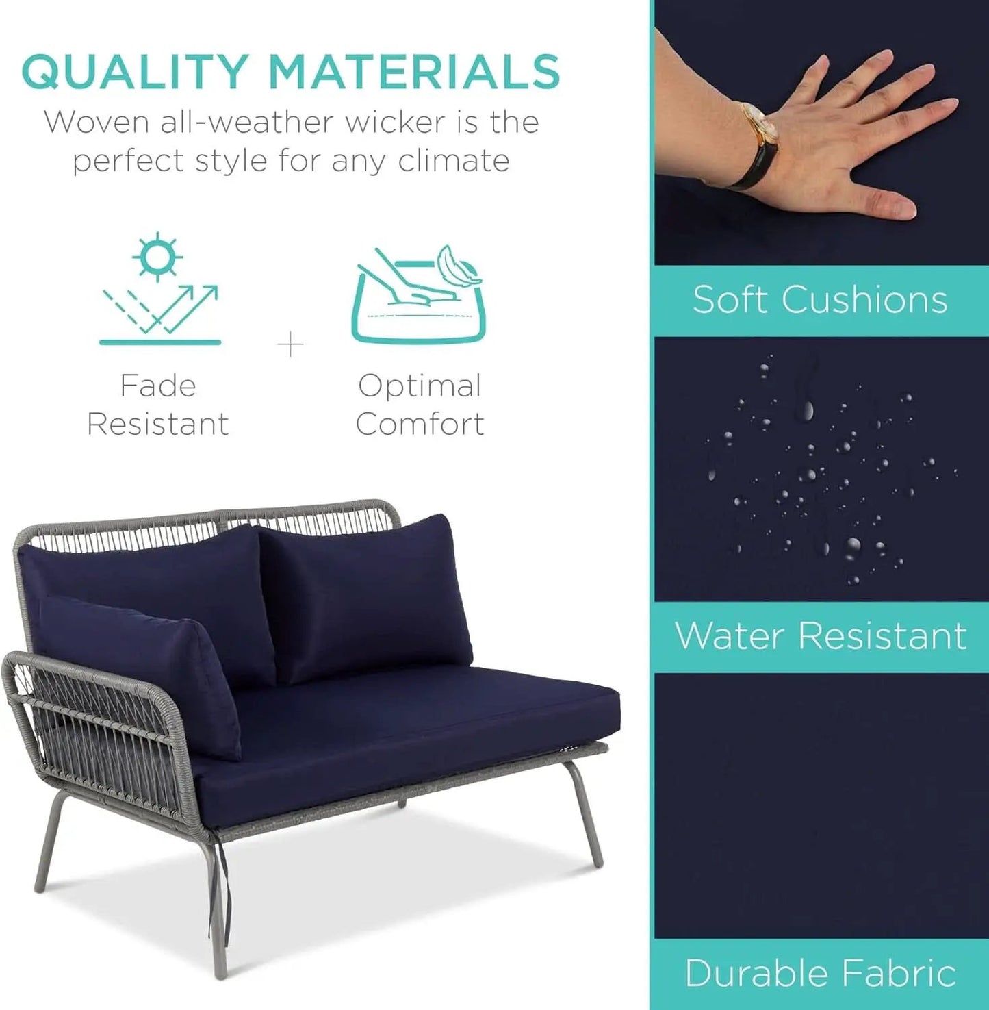 Outdoor Rope Woven Sectional Sofa Gray Navy Cushions from PriceLows™