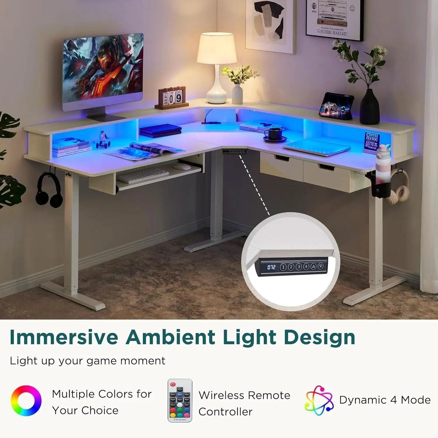 60 Inch L Shaped Electric Standing Desk Antique White from PriceLows™