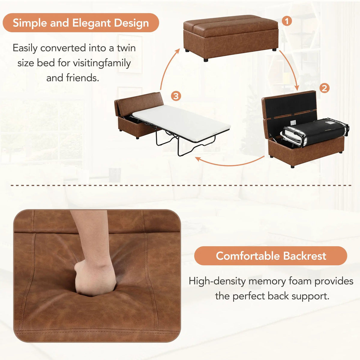 Twin Size Folding Ottoman Sleeper Bed | Includes Mattress | Convertible Guest Bed | High-Density Foam