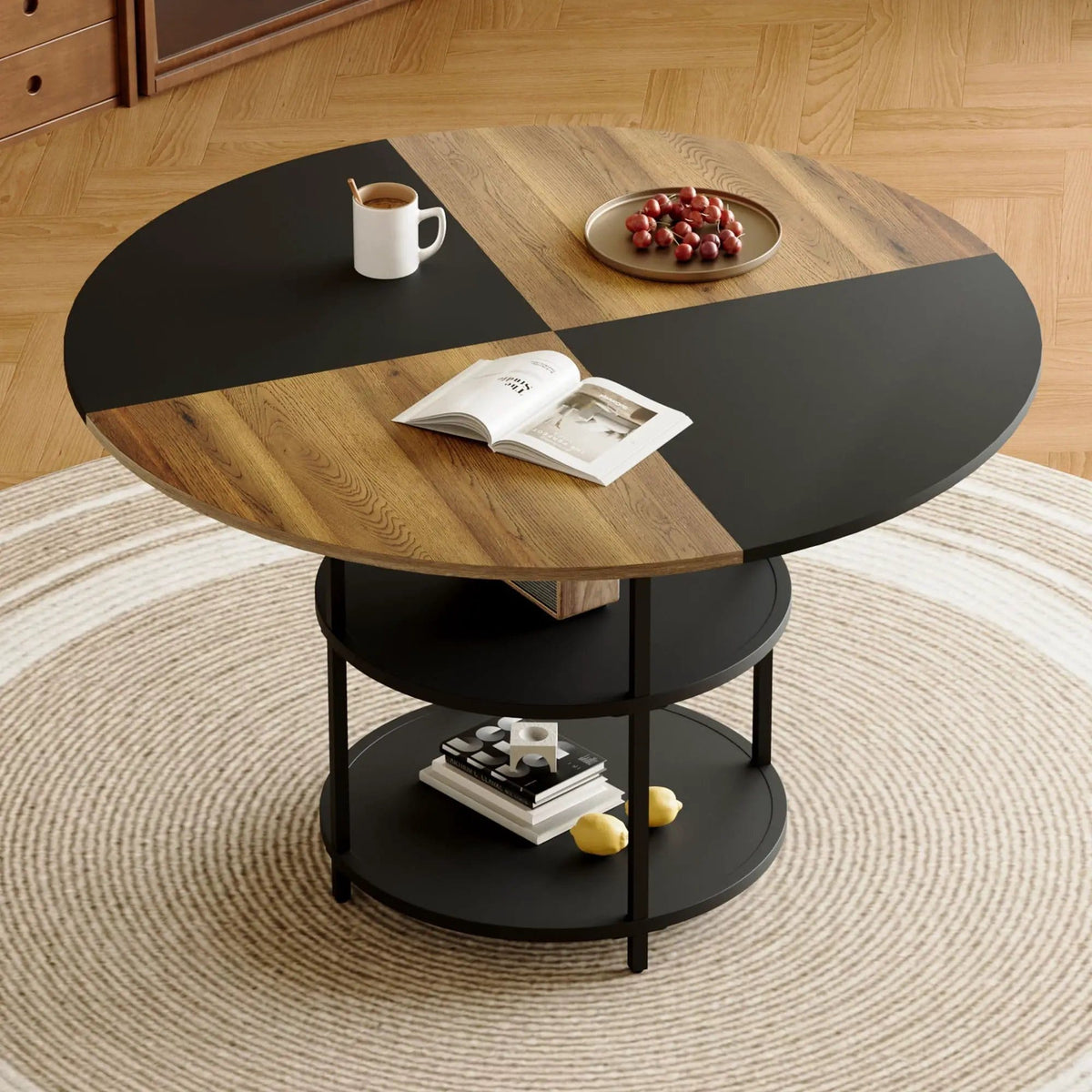 Diameter Modern Splicing Circular Dining Table Double Layer Storage | 47.3 x 47.3 x 29.7 in | Metal & Mdf | Wood / Black